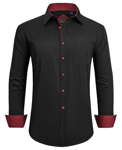 siliteelon Herren Hemd Langarm Formelle Rot Schwarz Business Anzug Hemden Bügelleichtes Freizeithemd Party Büro von siliteelon