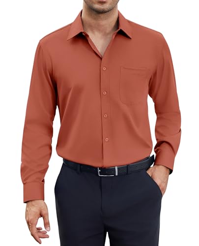 siliteelon Herren Hemden Bügelfrei Regular fit Ziegelrot Oberhemden Herren Langarm Unifarben Stretch Freizeithemden Businesshemd Anzug Hemd,XL von siliteelon