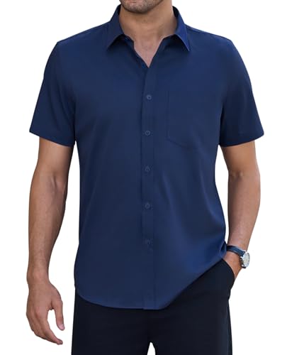 siliteelon Kurzarm Hemd für Männer Regular Fit Stretch Knitterfrei Anzughemd Alltägliche Arbeit Büro Konzert Marineblau L von siliteelon