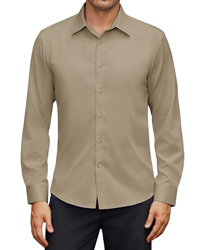 siliteelon Business Hemd Herren Langarm Baumwolle Leichte Freizeithemd Stretch Regular Fit Shirt Leger Party Club Casual Khaki L von siliteelon