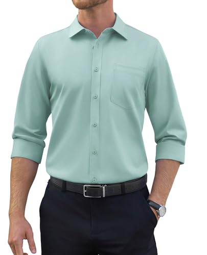 siliteelon Herren Hemden Langarm Bügelfrei Regular fit Oberhemden Gaublaugrün Unifarben Stretch Freizeithemden Businesshemd Anzug Hemd von siliteelon