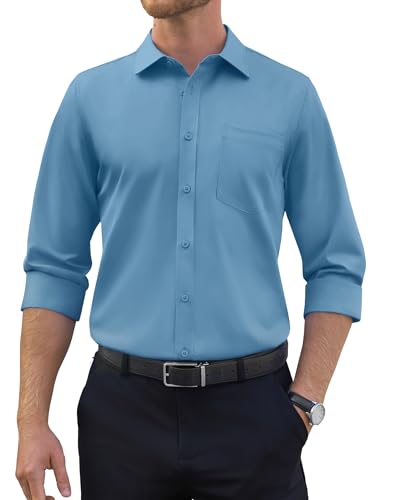 siliteelon Herren Hemden Langarm Bügelfrei Regular fit Oberhemden Graublau Unifarben Stretch Freizeithemden Businesshemd Anzug Hemd von siliteelon