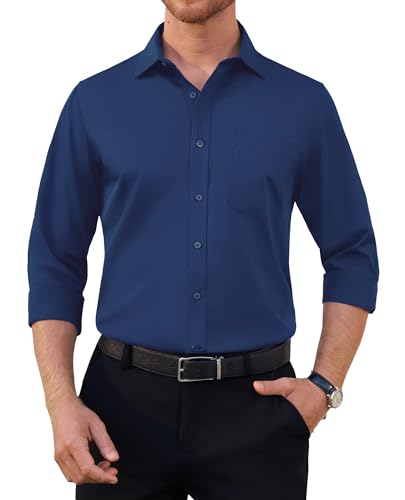 siliteelon Herren Hemden Langarm Bügelfrei Regular fit Oberhemden Navyblau Unifarben Stretch Freizeithemden Businesshemd Anzug Hemd von siliteelon