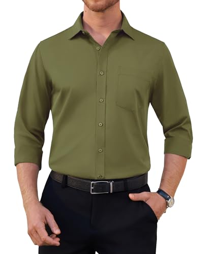 siliteelon Herren Hemden Langarm Bügelfrei Regular fit Oberhemden Olivengrün Unifarben Stretch Freizeithemden Businesshemd Anzug Hemd von siliteelon