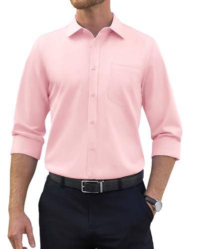 siliteelon Herren Hemden Langarm Bügelfrei Regular fit Oberhemden Rosa Unifarben Stretch Freizeithemden Businesshemd Anzug Hemd von siliteelon
