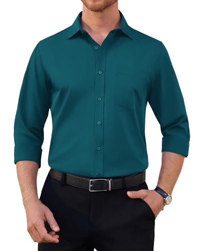 siliteelon Herren Hemden Langarm Bügelfrei Regular fit Oberhemden Türkis Unifarben Stretch Freizeithemden Businesshemd Anzug Hemd von siliteelon
