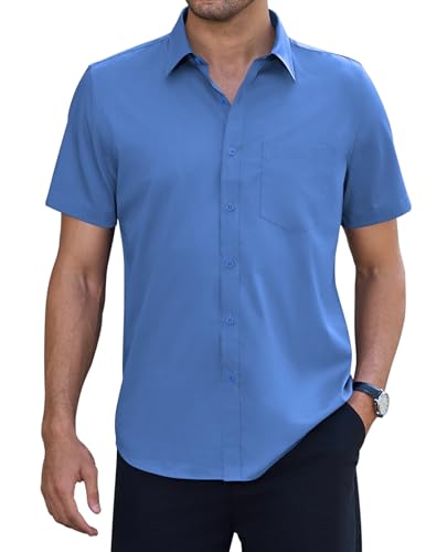 siliteelon Stretch Hemd Herren Faltenfrei Kurzarm Arbeit Oberhemd mit mit Tasche Formelle Anlässe Business Anzughemd klassisches Blau 3XL von siliteelon