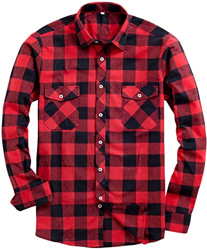 siliteelon Flanellhemd Herren Rot und Schwarz Kariert Hemd Baumwolle Langarm Arbeitshemd Regular fit Holzfäller Karohemd with Doppeltasche,3XL von siliteelon