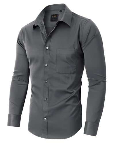 siliteelon Langarmhemd für Männer Regular Fit Stretch Freizeithemd Pflegeleicht Party Club Reisen Alltägliche Einfach Shirt Grau 2XL von siliteelon