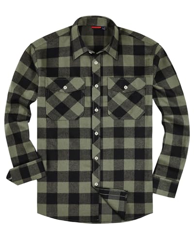 siliteelon Herrenhemd Langarm Kariert Flanell Baumwolle Holzfällerhemd Regular Fit für Arbeit Gartenarbeit Armeegrün XL von siliteelon