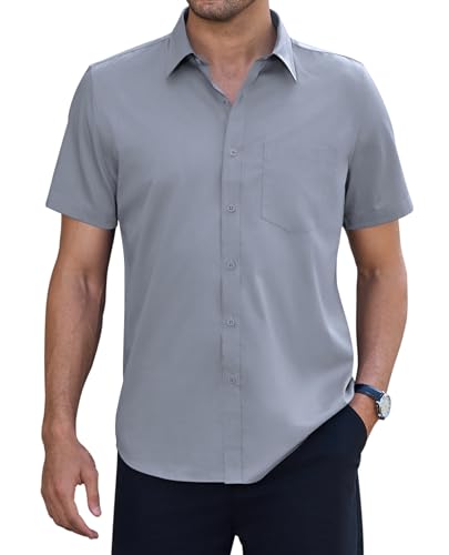 siliteelon Kurzarm Hemd für Männer Regular Fit Stretch Knitterfrei Anzughemd Alltägliche Arbeit Büro Konzert Hellgrau 4XL von siliteelon