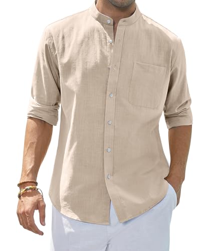 siliteelon Herren Langarmhemd Regular Fit Freizeit Baumwolle Leinenhemd Party Club Reisen Alltägliche Einfarbig Shirt Kakibrazza L von siliteelon