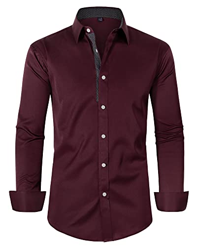 siliteelon Herren Kleid Hemden Langarm Burgund bügelfrei Casual Button Down Hemd,2XL von siliteelon