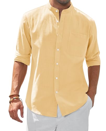 siliteelon Stehkragenhemd Langarm Sommer Linenshirt Camp Freizeithemd Strandurlaub Ausflugs Date Herrenhemden mit Taschen Gelb XXL siliteelon Stehkragenhemd Langarm Sommer Linenshirt Camp Freizeithemd Strandurlaub Ausflugs Date Herrenhemden mit Taschen Gelb XXL von siliteelon