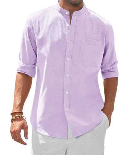 siliteelon Stehkragenhemd Langarm Sommer Linenshirt Camp Freizeithemd Strandurlaub Ausflugs Date Herrenhemden mit Taschen Hellviolett L von siliteelon