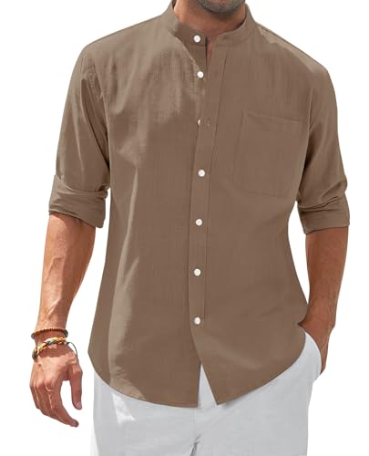 siliteelon Stehkragenhemd Langarm Sommer Linenshirt Camp Freizeithemd Strandurlaub Ausflugs Date Herrenhemden mit Taschen Khaki M von siliteelon
