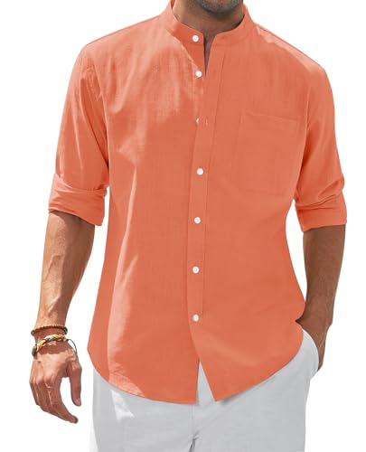 siliteelon Stehkragenhemd Langarm Sommer Linenshirt Camp Freizeithemd Strandurlaub Ausflugs Date Herrenhemden mit Taschen Orange XXL siliteelon Stehkragenhemd Langarm Sommer Linenshirt Camp Freizeithemd Strandurlaub Ausflugs Date Herrenhemden mit Taschen Orange XXL von siliteelon