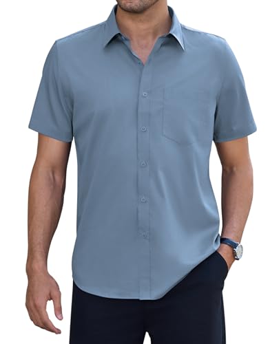 siliteelon Stretch Hemd Herren Faltenfrei Kurzarm Arbeit Oberhemd mit mit Tasche Formelle Anlässe Business Anzughemd Graublau L von siliteelon