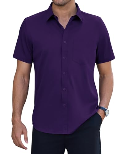 siliteelon Stretch Hemd Herren Faltenfrei Kurzarm Arbeit Oberhemd mit mit Tasche Formelle Anlässe Business Anzughemd Lila L von siliteelon