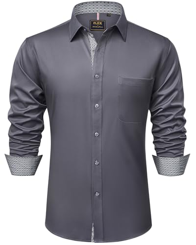 siliteelon Stretch Hemd Herren Faltenfrei Langarm Arbeit Oberhemd mit mit Tasche Formelle Anlässe Business Anzughemd Grau 3XL von siliteelon