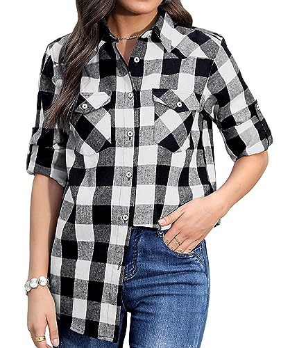 siliteelon Weiß Schwarz Damen Hemd Kariertes Baumwolle Freizeithemd Bluse Langarm Regular Fit Flanellhemden,2XL von siliteelon