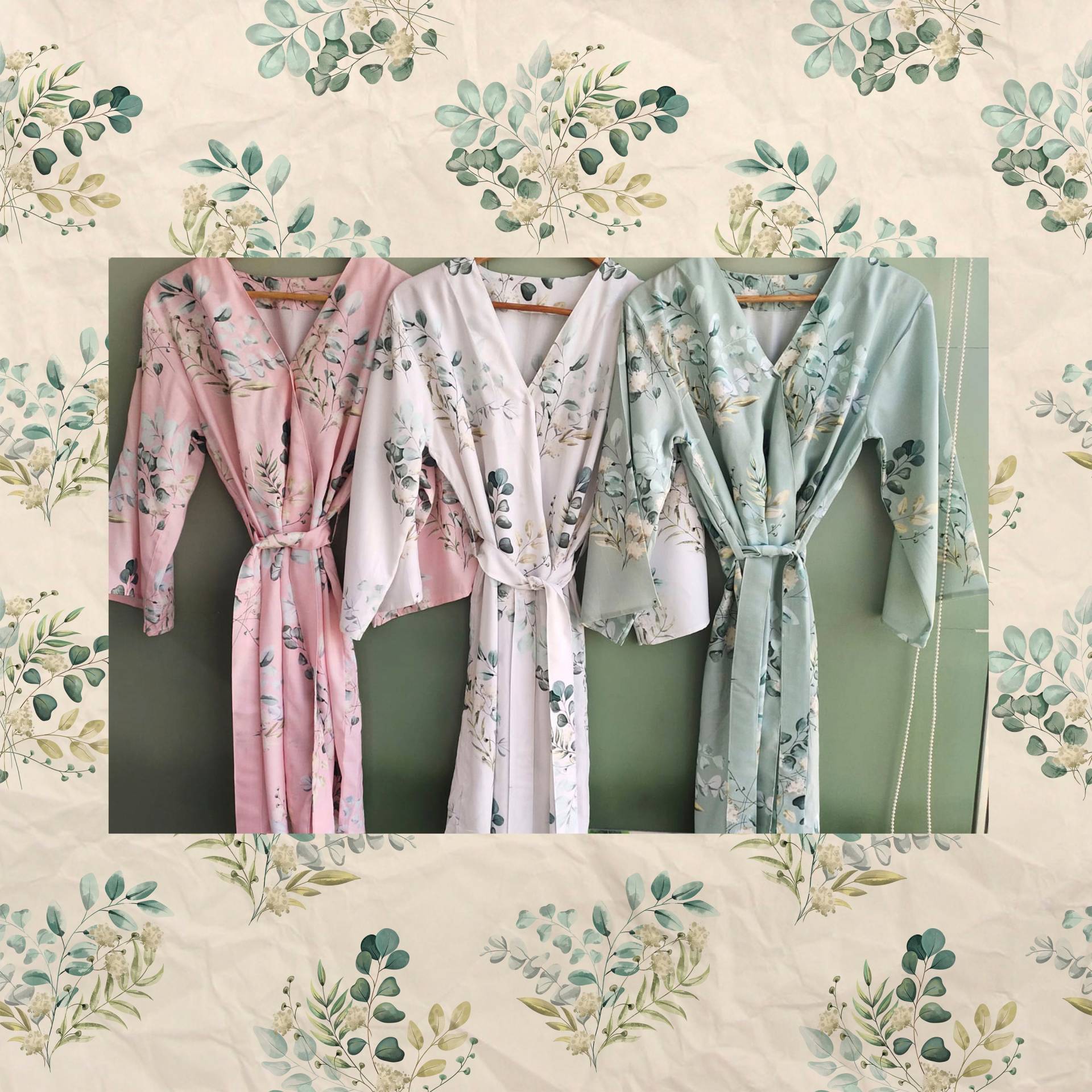 Boho Botanical - Handgezeichnetes Aquarell Eukalyptus Blätter Muster Roben/Pjs Strampler Brautjungfern Machen Outfits von silkandmore