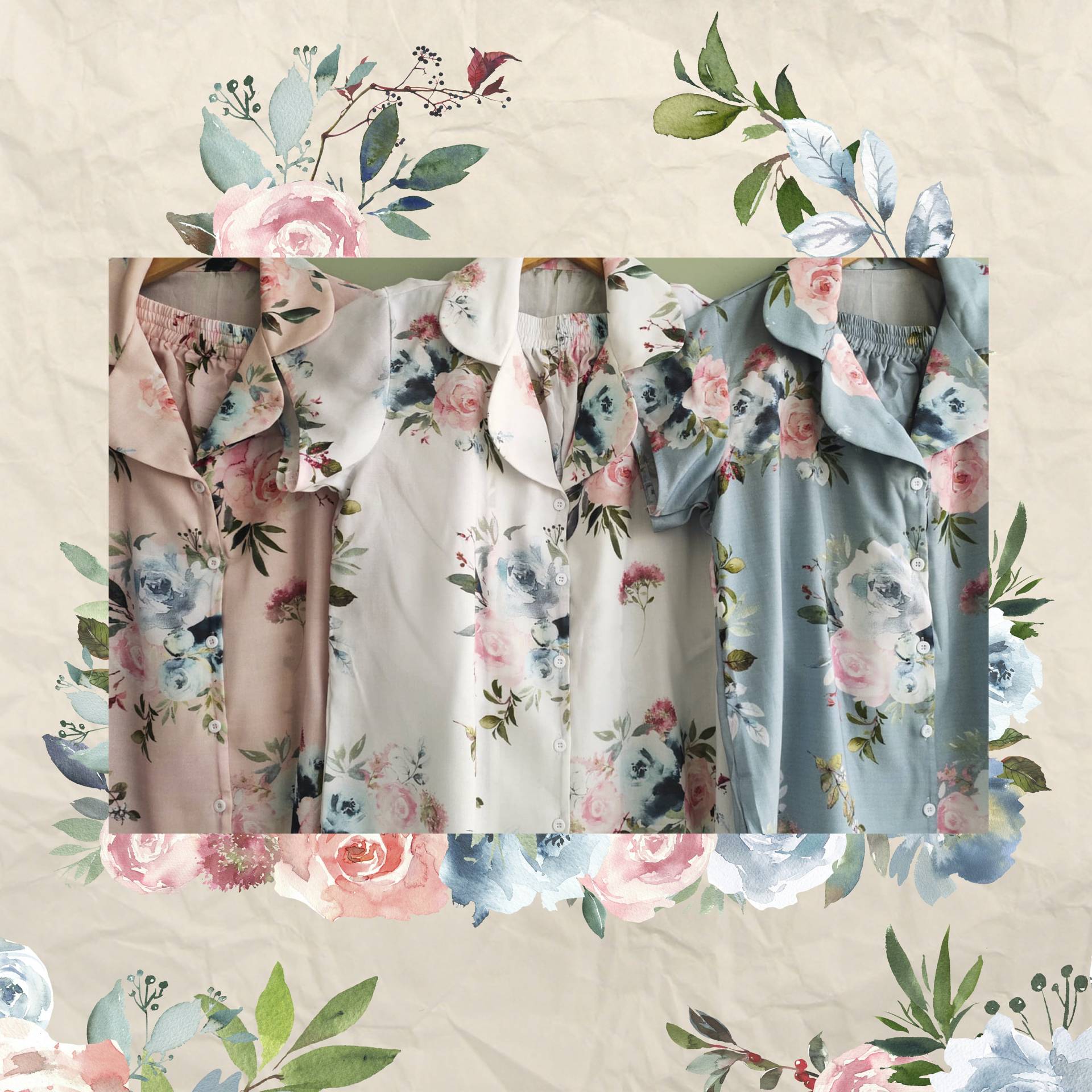 Color Love - Blush Und Dusty Blue. Handgezeichnetes Aquarell Blumenmuster Roben/Pjs Strampler Brautjungfern Machen Outfits von silkandmore