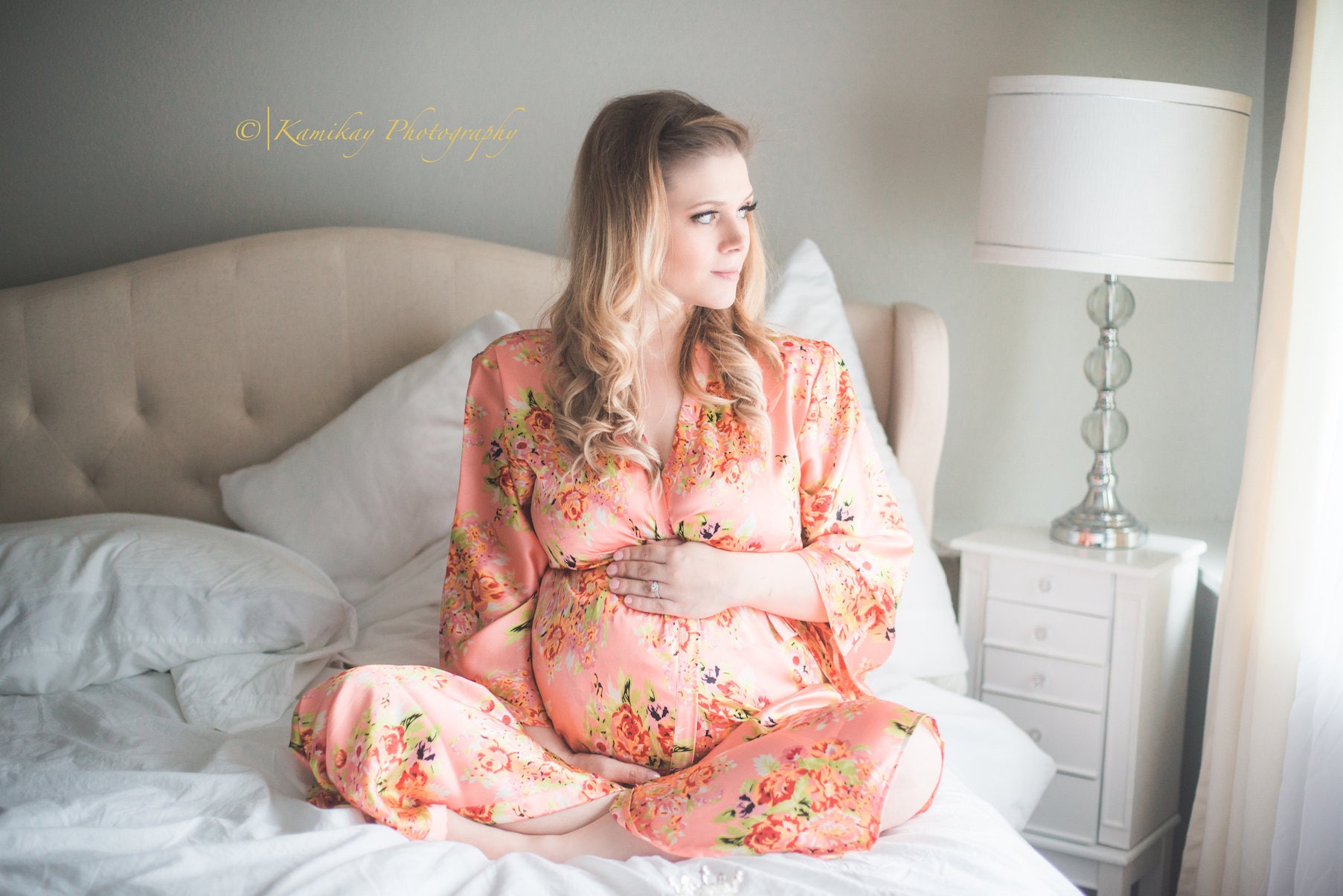 Koralle Seide Floral Posy Knöchel-Länge Mutterschaft Robe | Krankenhauskleid, Labor Kleid, Lieferung Stillende Mütter, Schwangerschaft Gewand von silkandmore