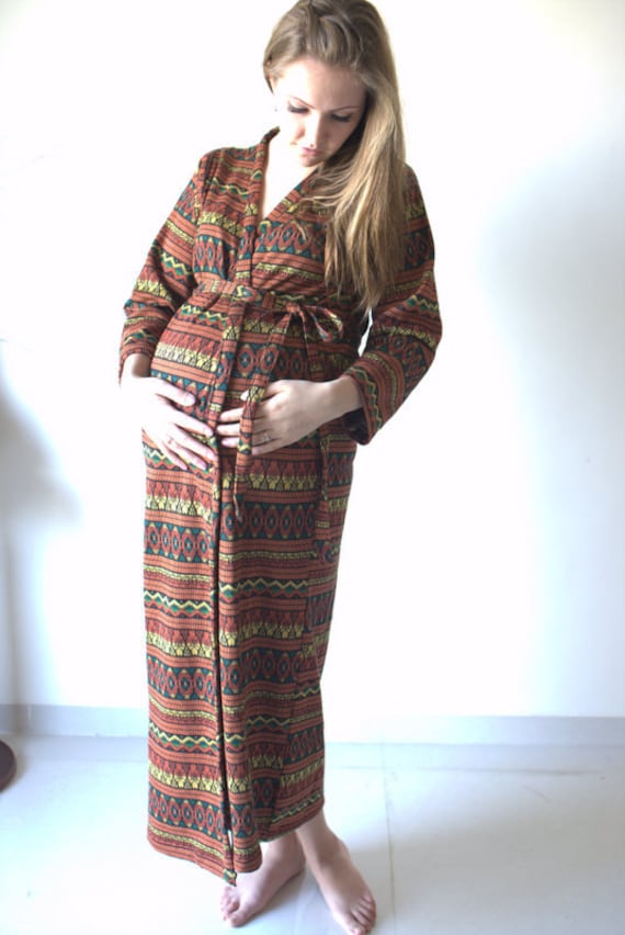 Senf Aztec Warm Winter Pullover Stricken Knöchel-Länge Mutterschaft Robe | Krankenhauskleid, Labor Kleid Lieferung Stillende Mütter von silkandmore