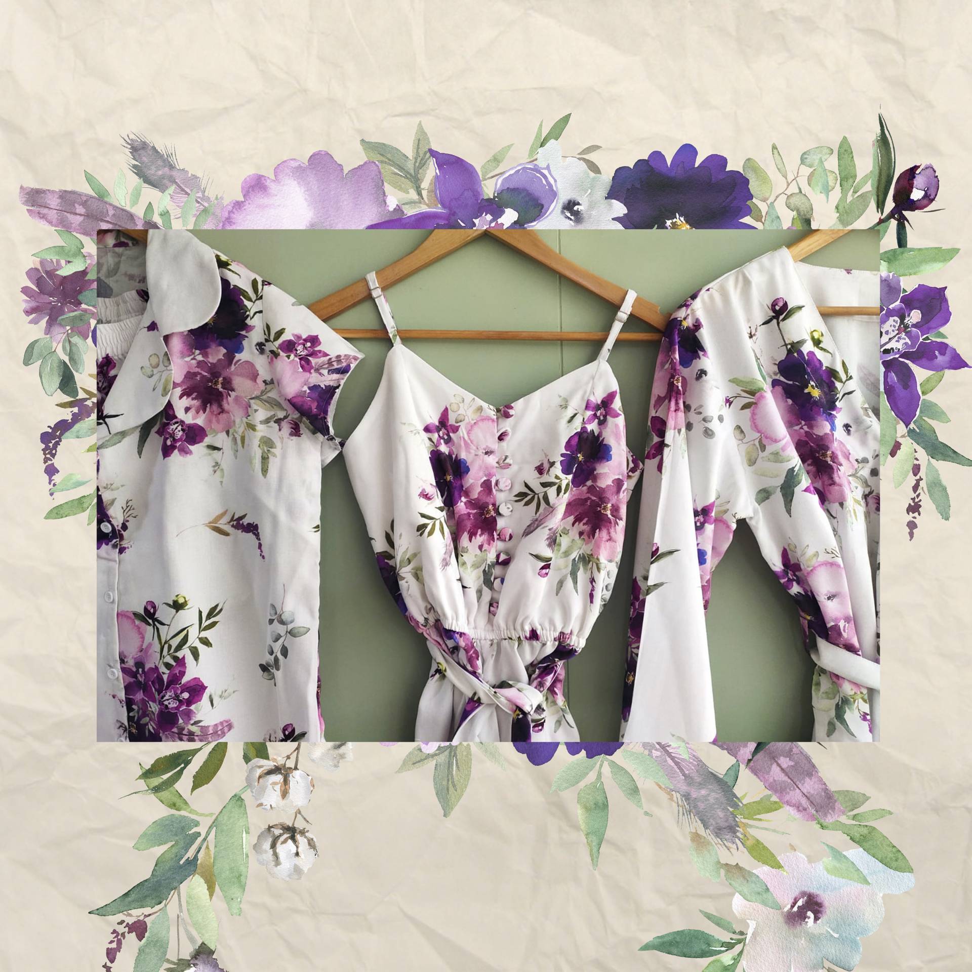 Whimsical Shades Of Purple - Handgezeichnetes Aquarell Lila Blumen Muster Roben/Pjs Strampler Brautjungfern Machen Outfits von silkandmore