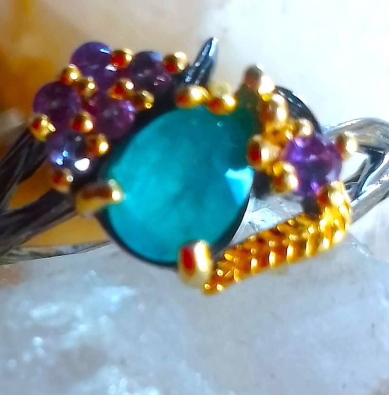 Natürliche Grandidierit Und Amethyst 925 Silber Sterling Schwarz Rhodium Ring Größe 7 3/4 von silverandnaturalgems