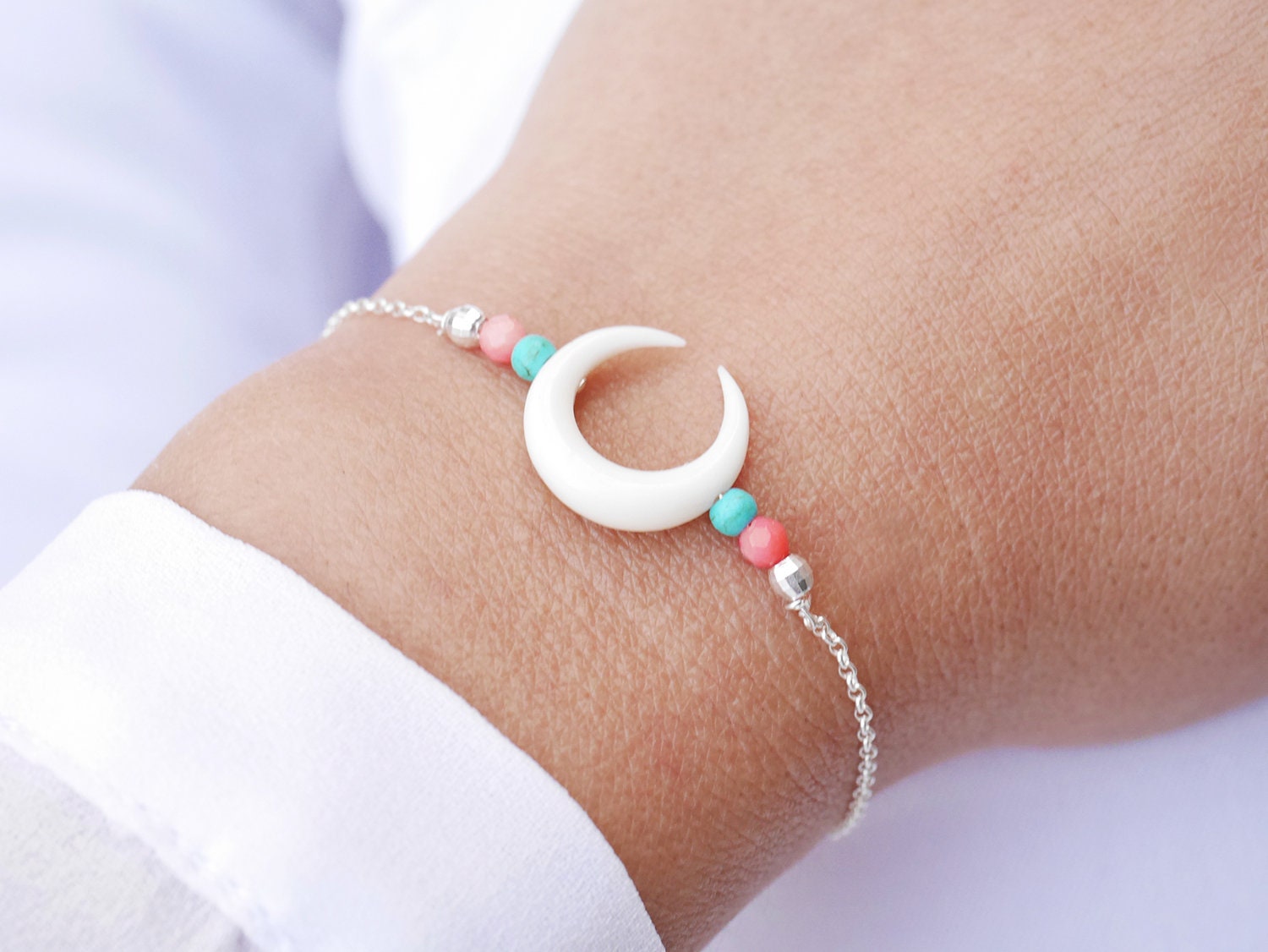 Armband Mond Weiße Knochen - Wachsenden Schar Von Boho Koralle Türkis Silber-Kette 925 Halbmond-Os von silverbirdjewels