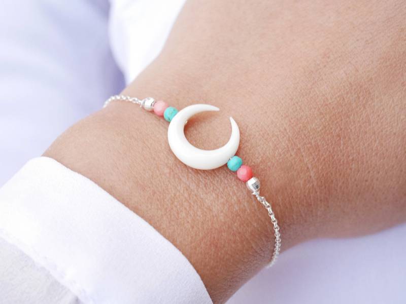 Armband Mond Weiße Knochen - Wachsenden Schar Von Boho Koralle Türkis Silber-Kette 925 Halbmond-Os von silverbirdjewels