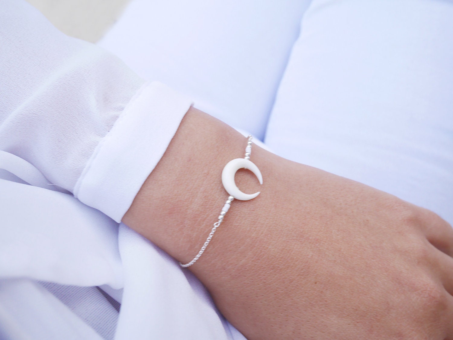 Armband Mond Weiße Knochen - Wachsenden Weißen Boho Perlen Miyuki 925 Silber Kette von silverbirdjewels