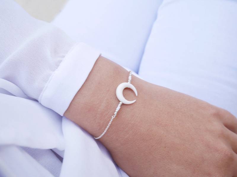 Armband Mond Weiße Knochen - Wachsenden Weißen Boho Perlen Miyuki 925 Silber Kette von silverbirdjewels
