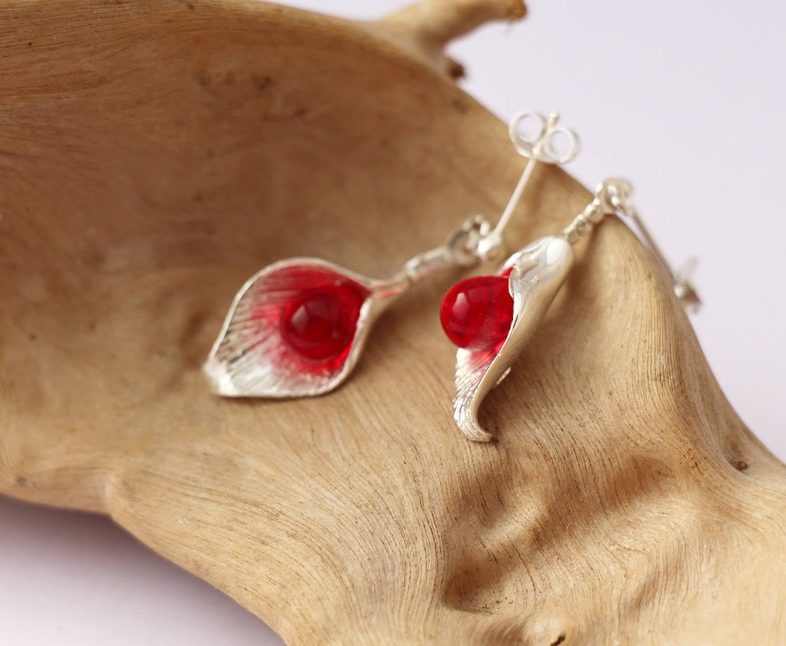 Arum Ohrringe Sterlingsilber 925 - Drop Perle Glas Rot Silber Schmuck Sterling Kegel von silverbirdjewels
