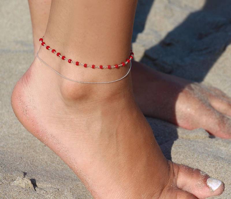 Double Turn Fußkettchen - Kugelkette Aus Massivem Silber Rotes Fußarmband Rote Chalcedonsteine Elegantes von silverbirdjewels
