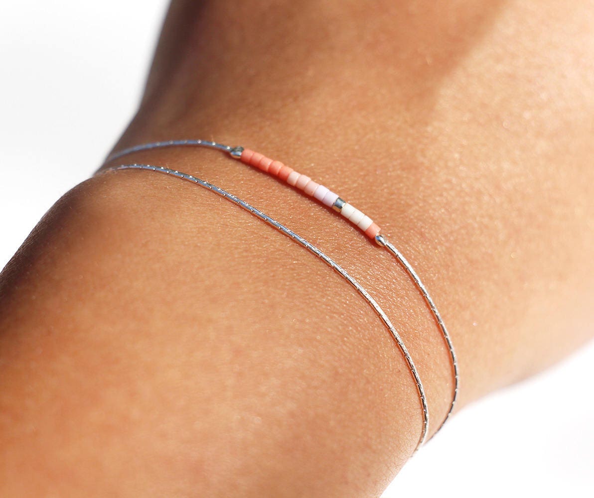 Dünnes Doppelt Gewickeltes Armband, Schlangenkette Aus Massivem 925Er Silber Und Miyuki-Perlen in Koralle, Puderrosa Weiß von silverbirdjewels