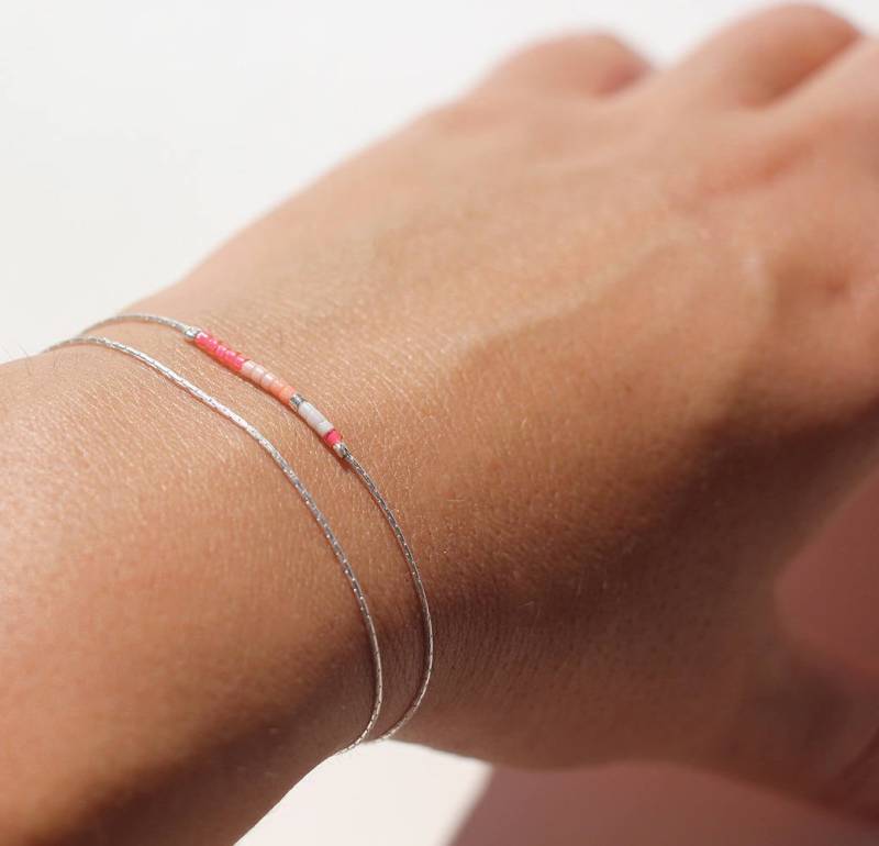 Dünnes Doppelt Gewickeltes Armband, Schlangenkette Aus Massivem Silber 925 Und Rosa Miyuki-Perlen von silverbirdjewels