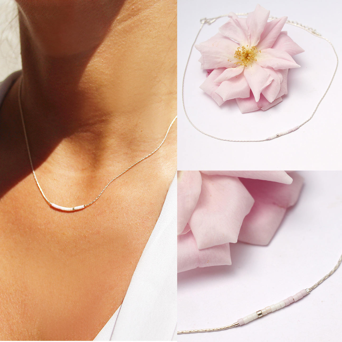 Feine Halskette, Massive Schlangenkette Aus 925Er Silber Und Blassrosa Weiße Miyuki-Perlen von silverbirdjewels