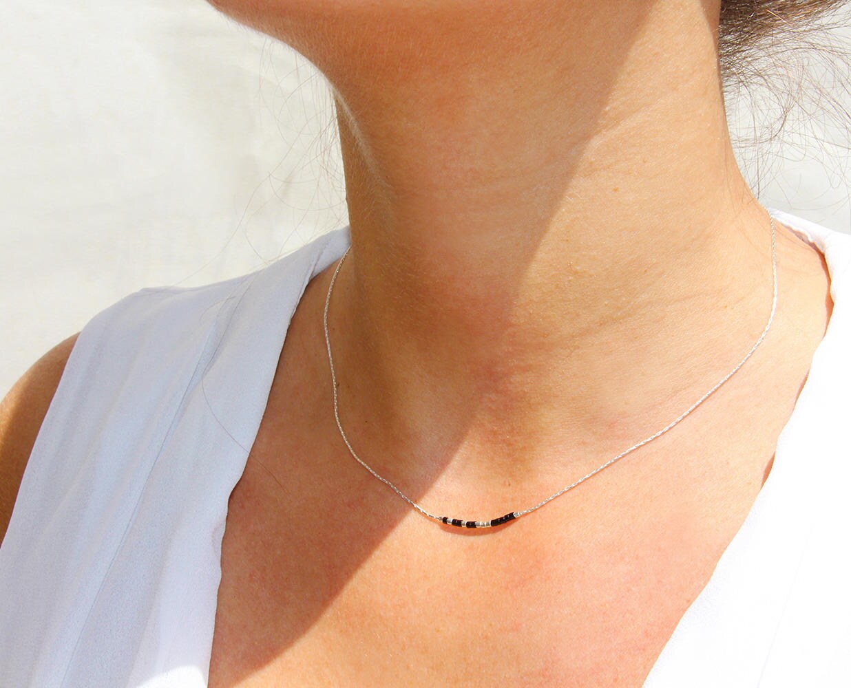 Feine Halskette, Massive Schlangenkette Aus 925Er Silber Und Schwarze Silberne Miyuki-Perlen von silverbirdjewels