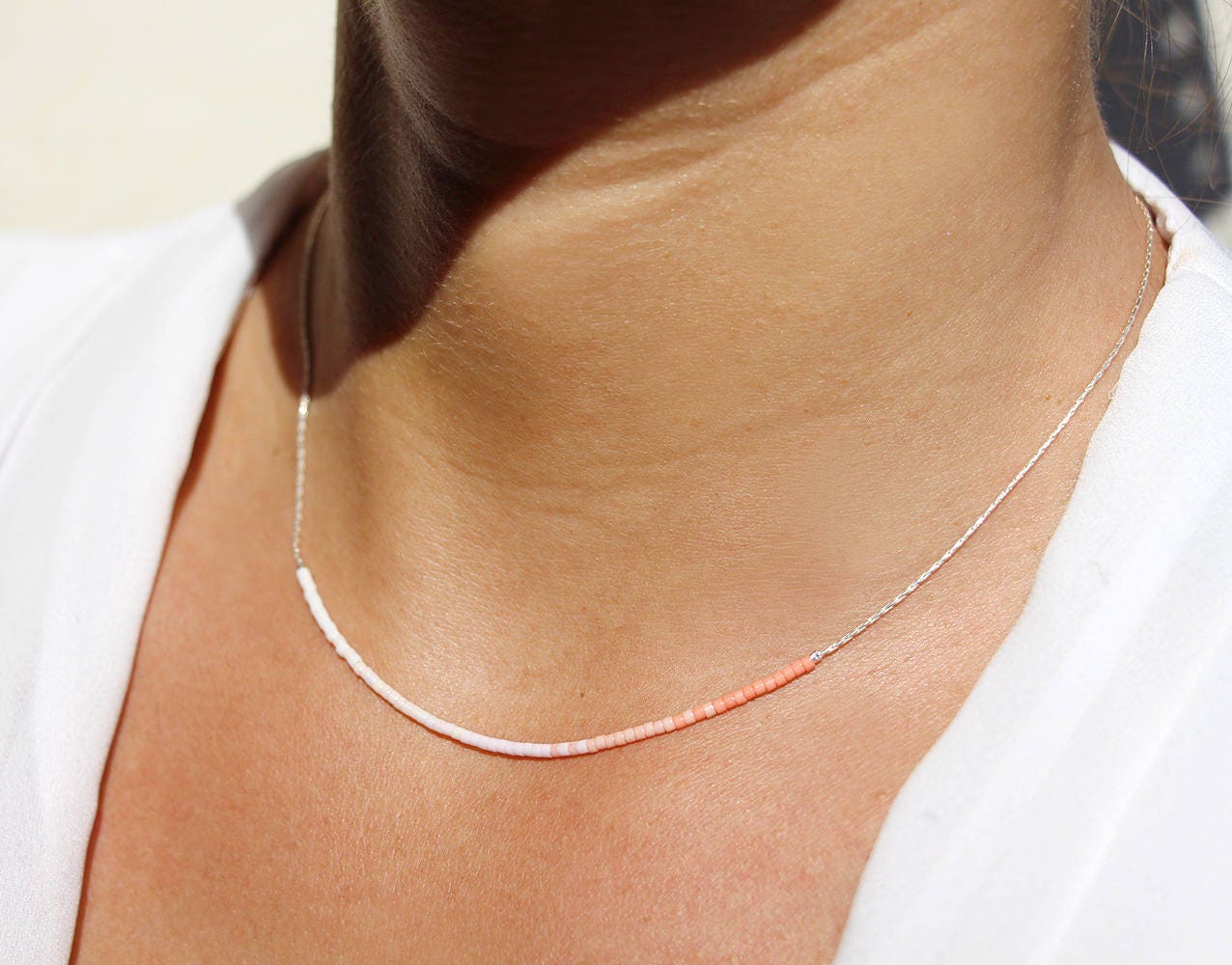 Feine Halskette, Schlangenkette Aus Massivem 925Er Silber Und Miyuki-Perlen Mit Rosa Farbverlauf von silverbirdjewels