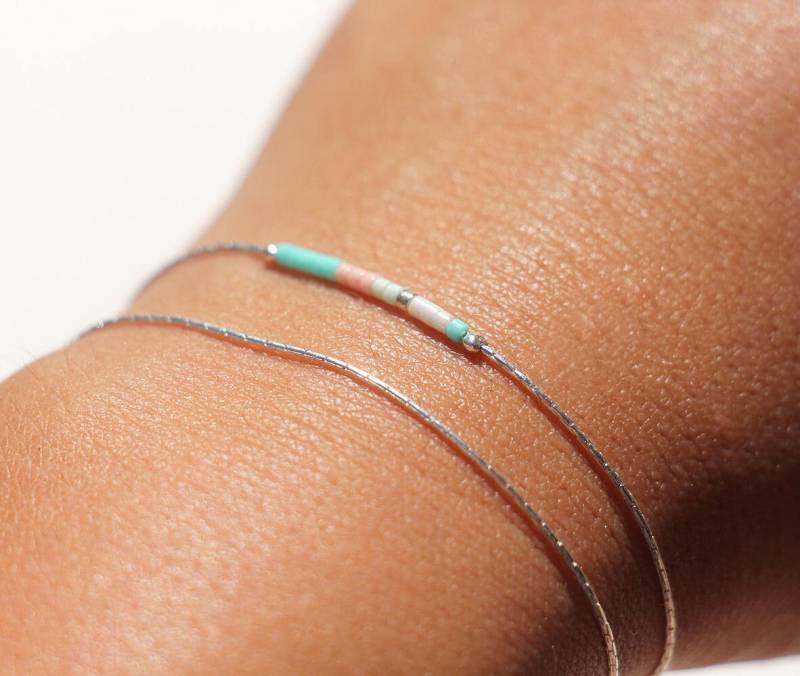 Feines Doppelwickelarmband, Massive Schlangenkette Aus 925Er Silber Und Miyuki-Perlen in Mint Pastellrosa von silverbirdjewels