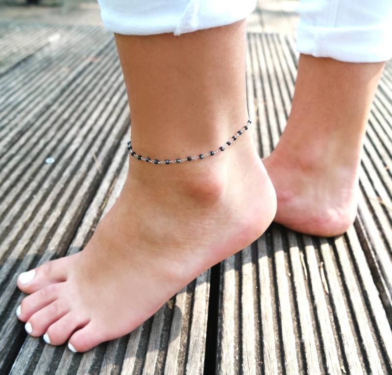 Fußkette Kette Silber - Armband Von Fuß Steinen Schwarz Hämatit Knöchel Und Schwarzen Perlen Bohemian-Chic von silverbirdjewels
