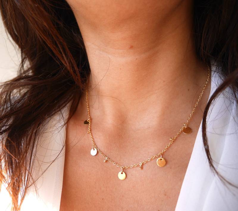 Halskette Fünf Medaillen - Gold Vergoldete Goldmedaillen Kreise Golden Bohemian-Chic Boho Disc Kette 5 Runden-Halskette von silverbirdjewels