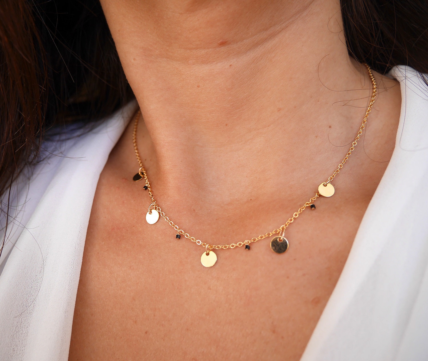 Halskette Fünf Medaillen - Vergoldete Goldene Kreise Schwarze Miyuki Perlen Boho Scheibenkette 5 Goldmedaillen Rundhalskette von silverbirdjewels