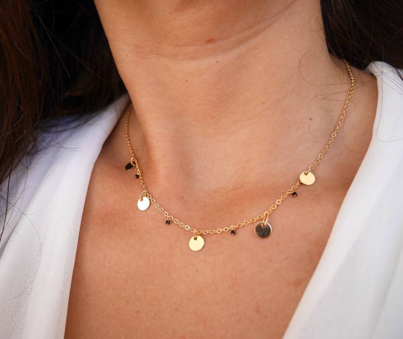 Halskette Fünf Medaillen - Vergoldete Goldene Kreise Schwarze Miyuki Perlen Boho Scheibenkette 5 Goldmedaillen Rundhalskette von silverbirdjewels