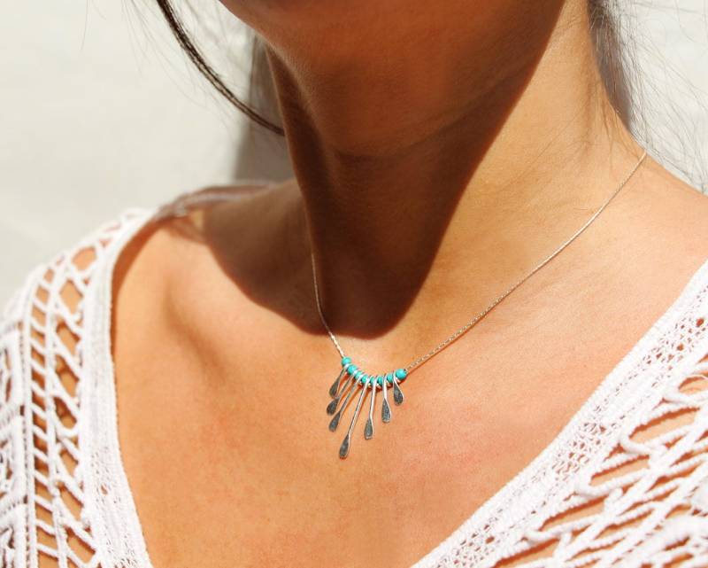 Halskette in Silber - Stein Tuquoise Perlen Kette Feine Schlange Paddel Tropfen Flach Kragen, Overlay Boho 7 von silverbirdjewels