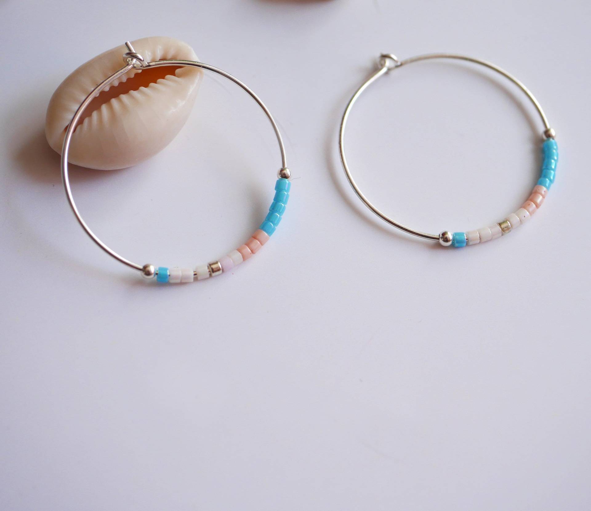 Kreolen in Sterlingsilber 925, Türkis Miyuki Perlen, Rosa Pastell Und Weiß - Schmuck War Bunt Runde Ohrringe von silverbirdjewels