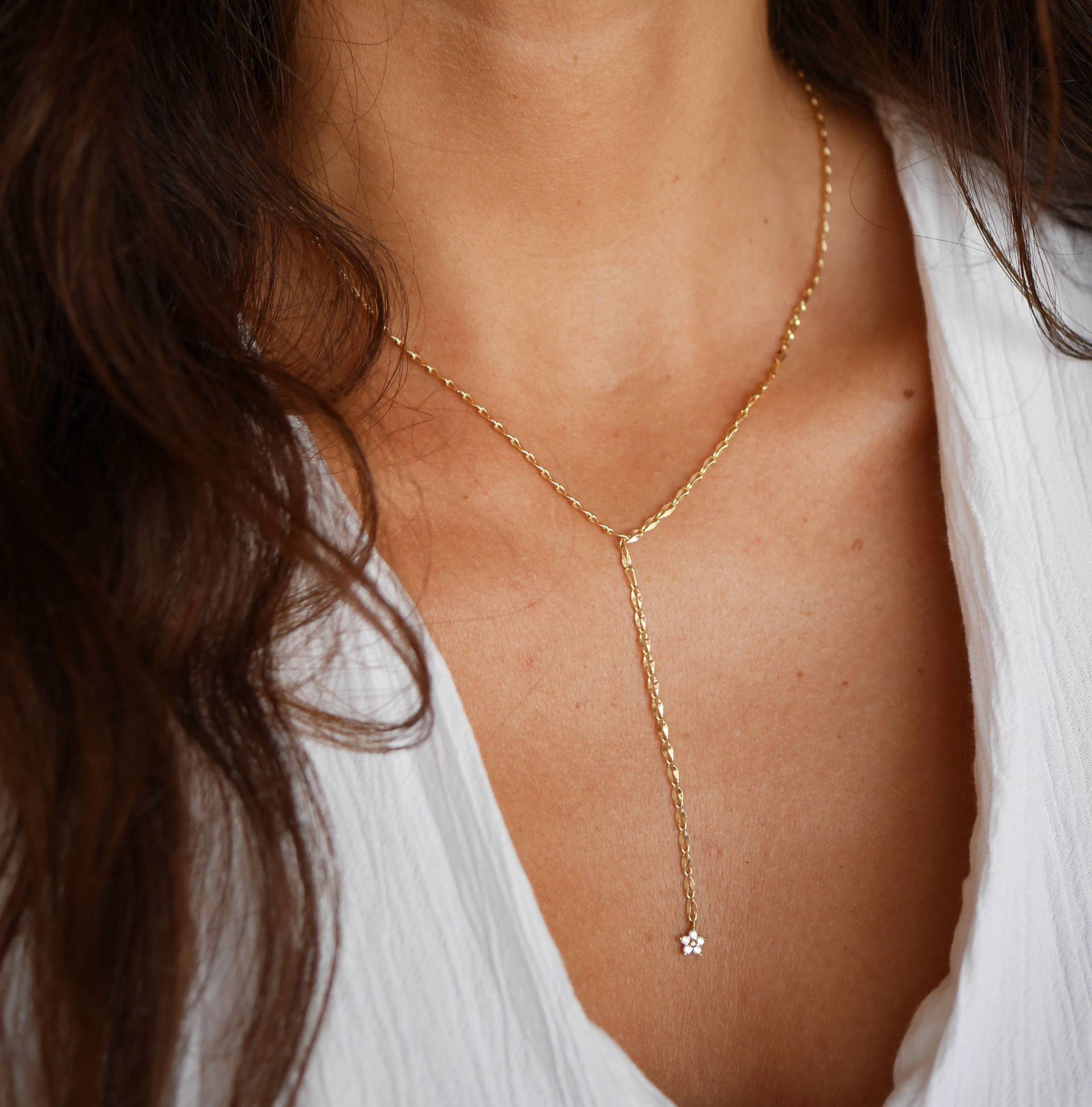 Lange Lasso Y-Halskette - Vergoldete Halskette Goldene Krawattenhalskette Minimalistisch Dünne Sternkette Strassstern Lange von silverbirdjewels